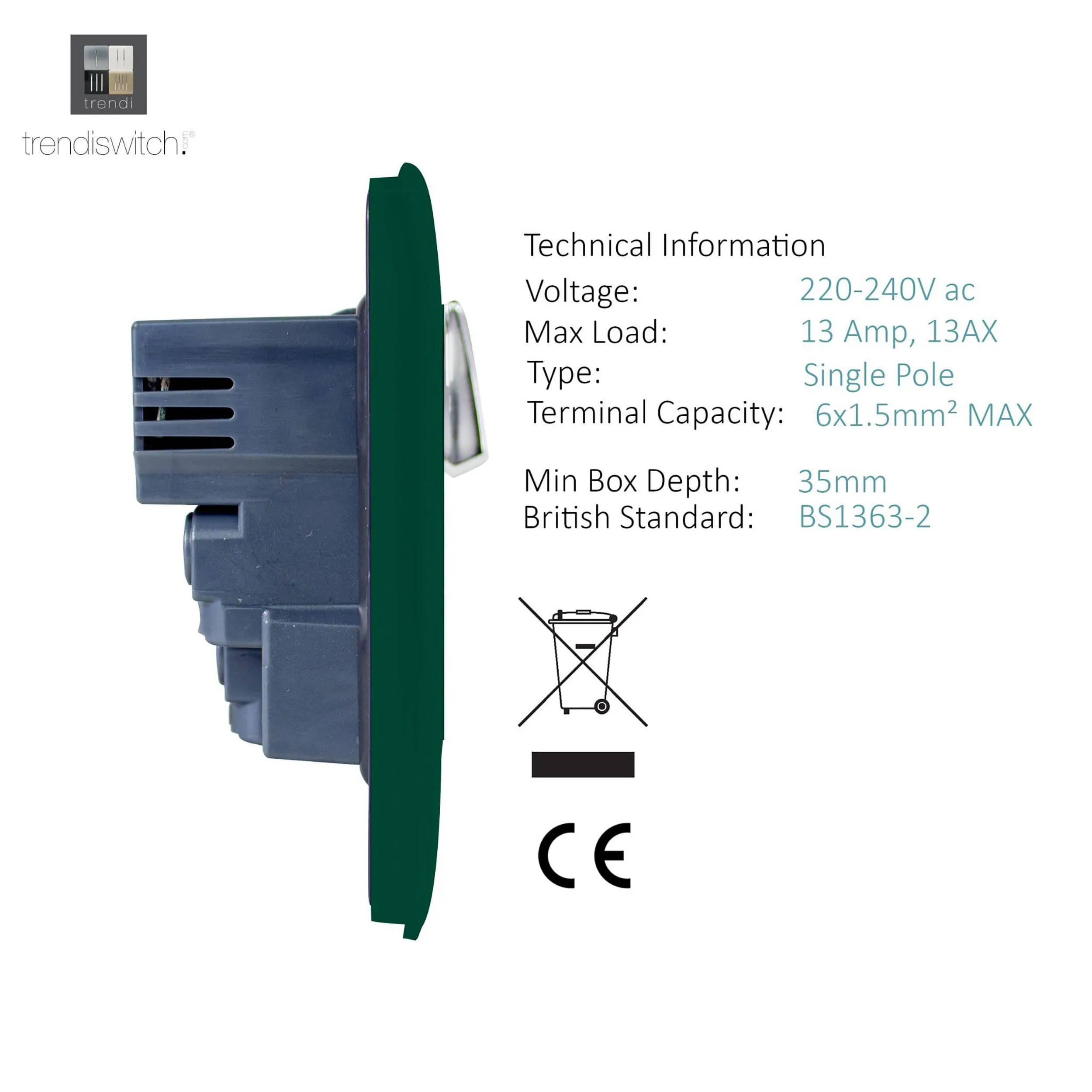 2 Gang 13Amp Switched Double Socket With 4X 2.1Mah USB Dark Green ART-SKT213USBDG  Trendi Dark Green